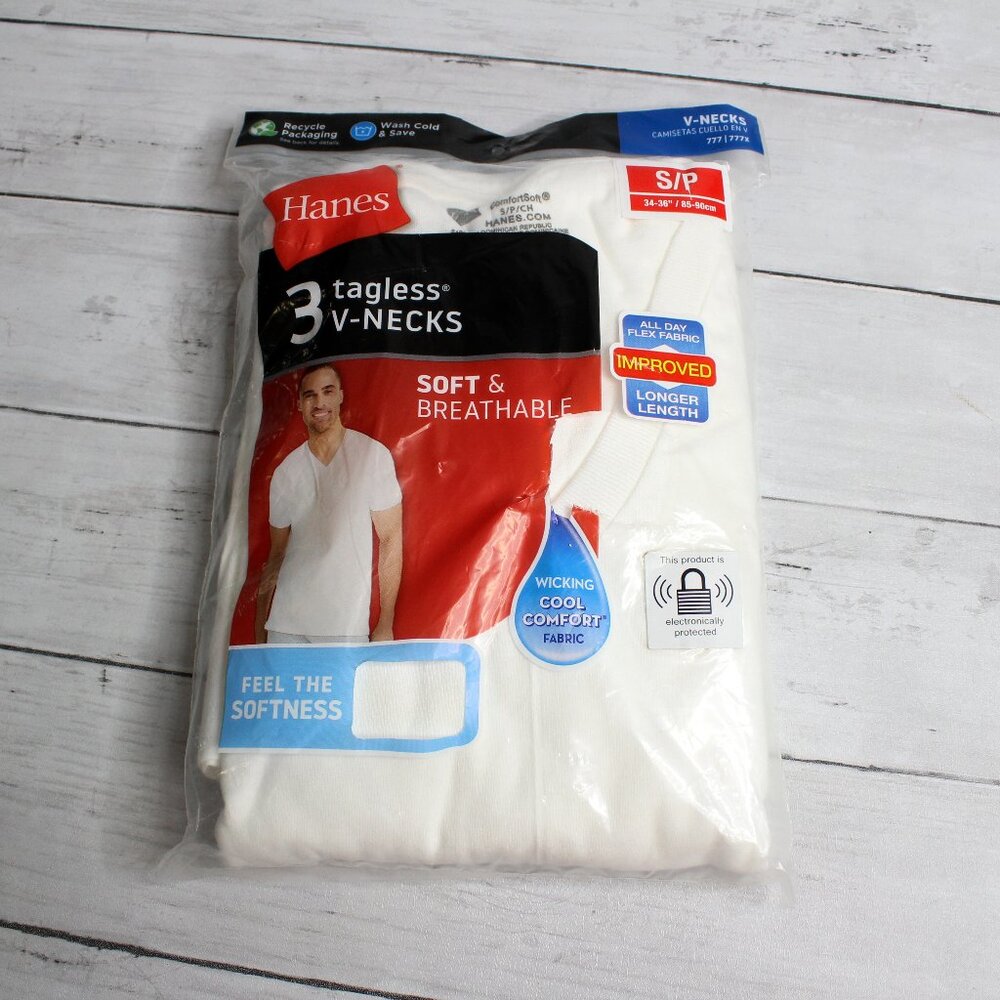 Hanes Men's V Neck T Shirts White Size S 100% Cotton Short Sleeve 3 Pack